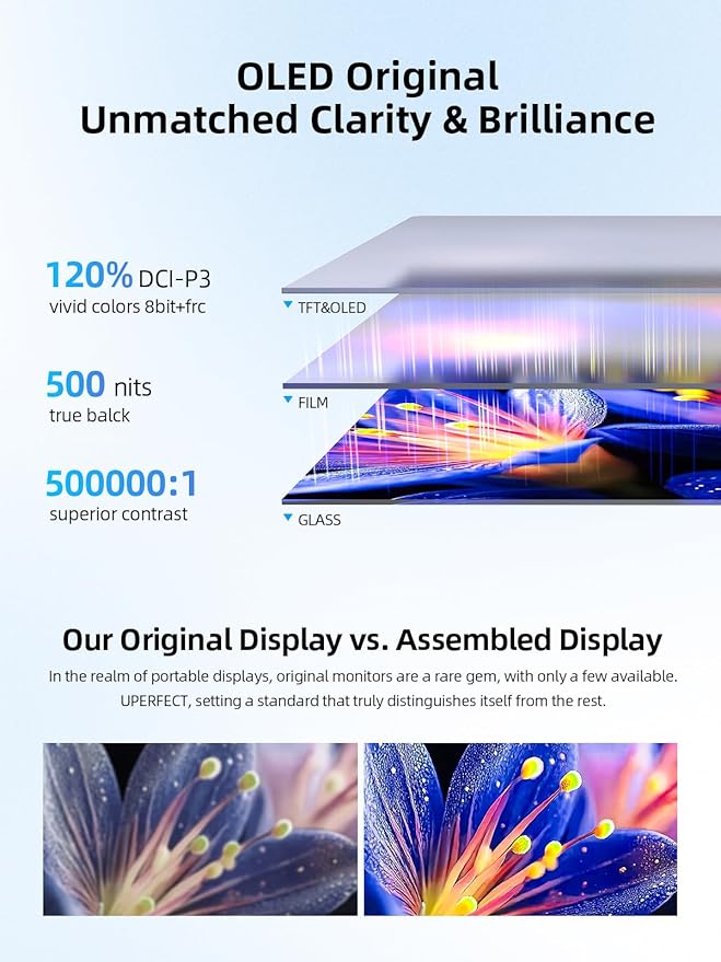 UPERFECT Touchscreen OLED Portable Monitor 14 3K 2880x1800 | 120Hz | 0.1ms Portable Gaming Monitor 500 Nits |120% DCI-P3 | 500000:1 | Ultra-Slim Design for Laptop Mini PC Phone Game Consoles