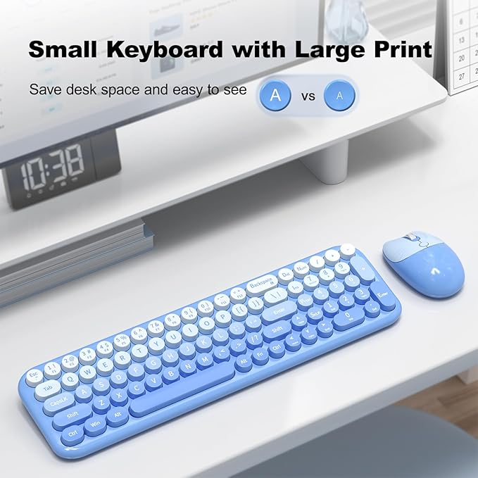 Wireless Keyboard and Mouse Combo MOWUX Compact Typewriter Retro Round Computer Keyboard Cute Optical Mouse Wireless Plug and Play for Laptop PC Computer- Blue Gradient