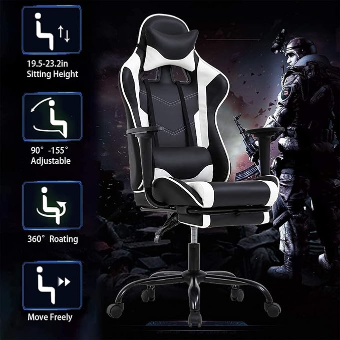 BestOffice | Ergonomic Gaming Chair | White | Reclining Computer Chair with Lumbar Support Headrest Pillow Adjustable Footrests | 360 Swivel with Heavy Duty Wheels | for Home &amp Office