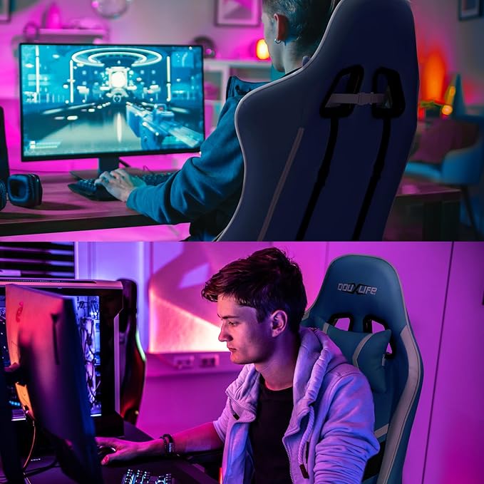 Gaming Chair Massage PC Gaming Chair Office Chair Ergonomic Computer Chair with Rolling Swivel Task Chair Lumbar Support Footrest Headrest Light Blue