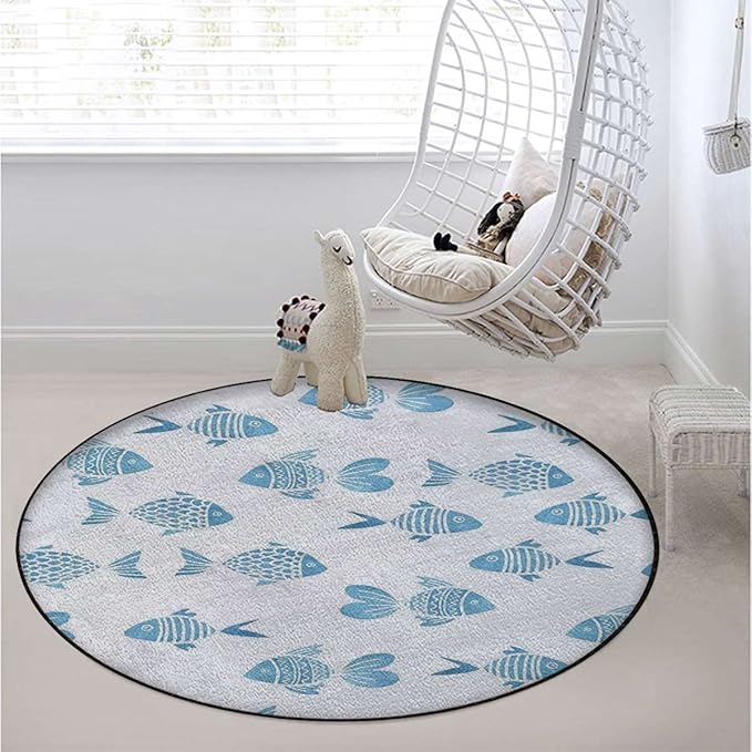 Ocean Animal Decor Gaming Chair Mat Round Floor Mats for Office Chair Computer Gaming Desk Mat for Rolling Chair Non-Slip Gaming Rug Fish Figures Hand Drawn Marine ArtworkBlue Diameter 39.3 in