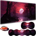 Large Gaming Table Pad 31.5 x 11.8 + Keyboard Wrist Pad + Mouse Wrist Pad + Coaster Non-Slip Base 4-in-1 Set Ergonomic Memory Foam Easy Typing Pain Relief Eerie Pink Purple Moon River