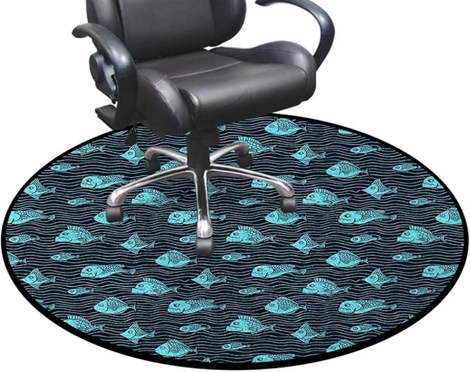 Navy Turquoise Office Chair Mat Hardwood Floor Computer Desk Mat Anti-Slip Gaming Chair Mat Round Floor Mat Durable Floor Protector Nautical Ocean Life Maritime Creature Diameter 59 in