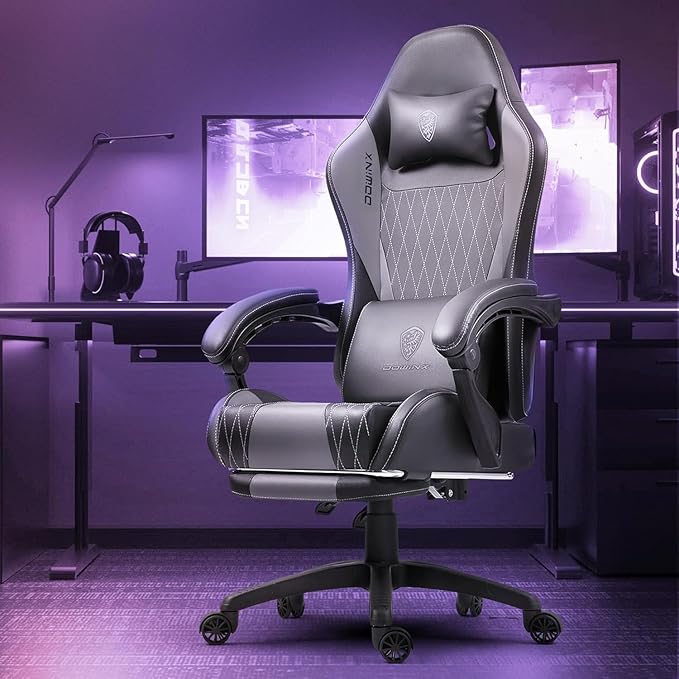 Dowinx Gaming Chair with Massage Lumbar Support and Footrest Video Game Chair for Adults Adjustable Ergonomic Gamer Chairs High Back with Pocket Spring Cushion Swivel Recliner with Headrest Grey