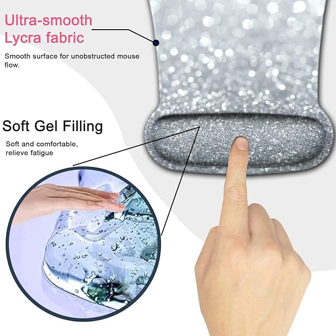 Mouse Pad Wrist Support and Memory Foam Keyboard Wrist Rest Set Ergonomic Gel Mouse Pad for Computer Laptop Desk Pad with Non Slip PU Base Silver Gilt Glitter Pattern Gaming