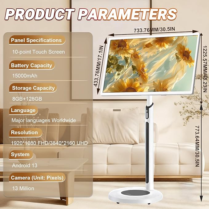 Rolling Swivel Portable Smart Screen 21.5 24 27 32 1080p/4K Touchscreen Monitor for Car RV Office Presentation(8+128gb(4k)32IN)