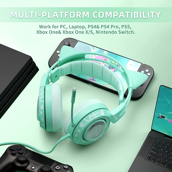 SOMIC G951S Green Gaming Headset with Microphone for PS4 PS5 Xbox One PC Cat Ear Headphones Over Ear with in-Line Mic Control Stereo Sound for Girls Woman