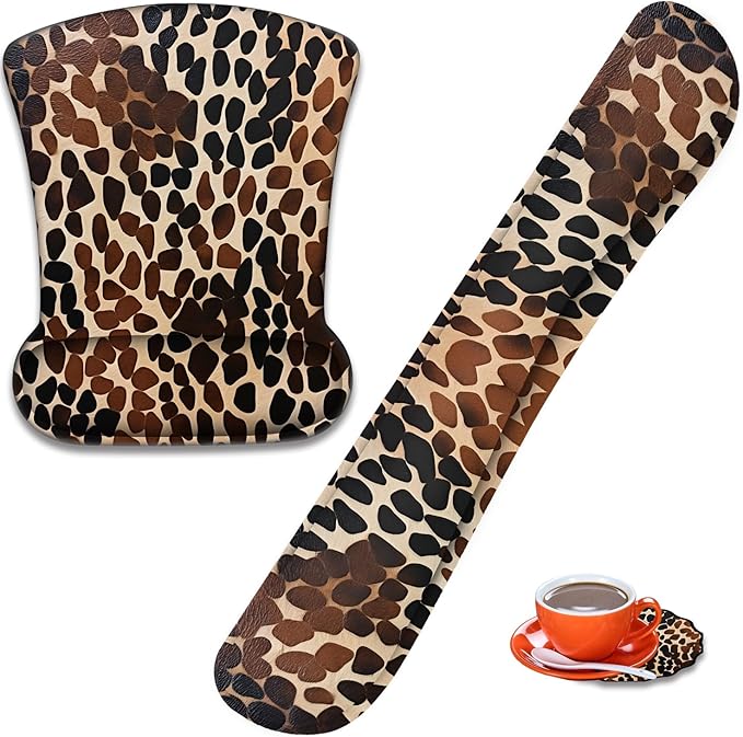 Mouse Wrist Rest and Keyboard Wrist Rest Pad+ Coaster Set Non-Slip Rubber Base Smooth Surface Ergonomic Gaming Mouse Pad for Easy Typing and Pain Relief Brownish Black Cow Pattern