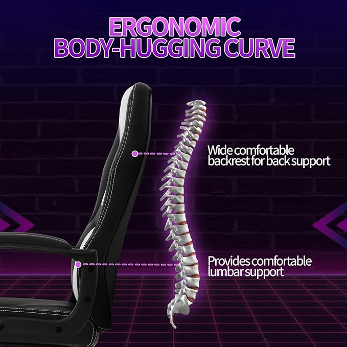 Gaming Chair Office Chair Adjustable Ergonomic High Back Massage Computer Desk Chairs with Lumbar Support PU Leather Racing Chairs Rolling Swivel for Adult &amp TeenWhite