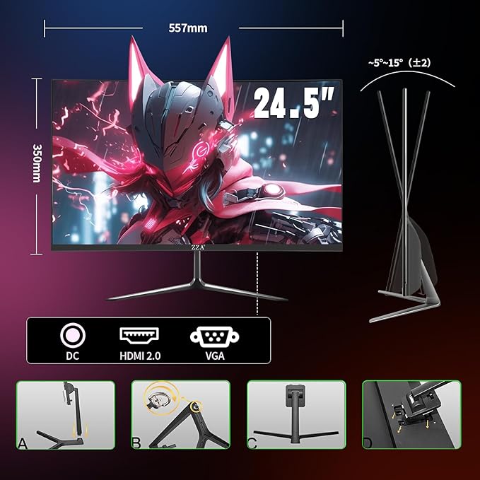 ZZA 24.5 Inch FHD (1920x1080) 120Hz Curved Gaming Monitor 3000R Curvature VA Panel 1ms MPRT AMD FreeSync Ultra-Thin Bezel Eye Care for EsportsPC