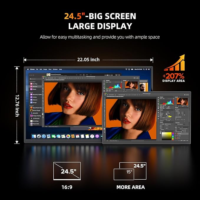 UPERFECT 24.5 Portable Monitor 240Hz Gaming Monitor 2000:1 Contrast FreeSync 0.1ms Fast IPS Large Screen Built-in 180° Adjustable Stand/VESA USB-C HDMI Second Screen for Laptop Phone Game Console