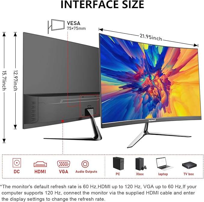Gawfolk 24.5 Inch Gaming Curved Monitor Built-in Speakers 3000R 120Hz PC Screen Full HD 1080P HDMI 2.0 VGA Wall Mount Compatible 75 * 75mm