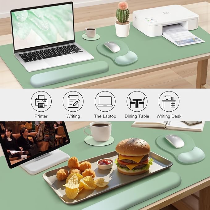 4-in-1 Large Gaming Mouse Pad Keyboard Wrist Rest Pad &amp Wrist Support Mousepad Set Extended Desk Pad Waterproof Desk Mat Protector for Home Office Decor Study Game 35.4×15.7 Inches I Sage Green