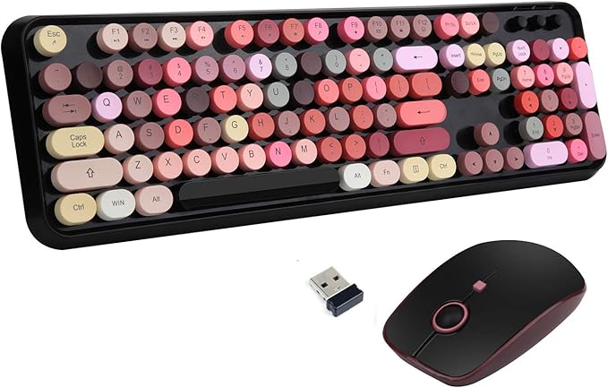 Retro Wireless Keyboard and Mouse Set2.4Ghz Colorful Lipstick Style Typewriter Keyboard with Cute Round KeysFull Size Mixed Color Aesthetic Keyboard&amp3 DPI Mouse for PC Laptop Desktop Computer-Bl