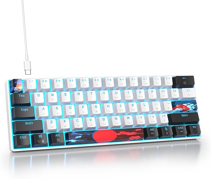 Protable 60% Percent Gaming Keyboard Mechanical Mini Compact Ice-Blue LED Backlit 61 Keys Wired Office Keyboard with red Switch for Mac/Win/PS4/PS5（61White/red Switch）
