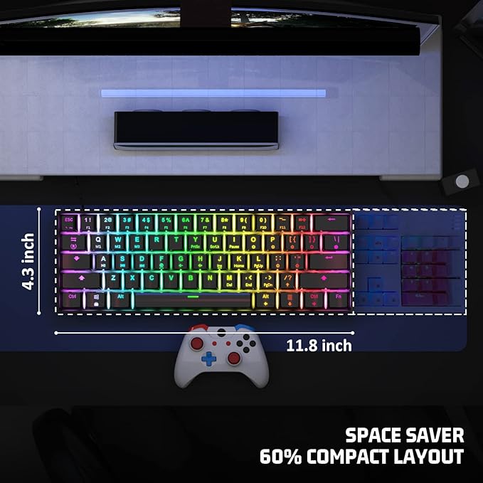 60% Mechanical Gaming Keyboard - 61 Keys Brown Switch Quiet Office Computer Keyboard - Multi Color RGB Rainbow Led Backlit - Programmable for PC/Windows/Mac/Gamer - USB Wired - Black