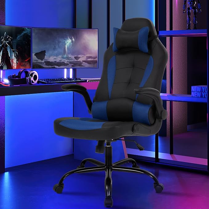 Gaming Chairs for Adults PU Leather Swivel Rolling Adjustable Game Chair with Lumbar Support Flip Up Arms Headrest for Adults Women Men Video Game Chairs Ergonomic Gaming Chair
