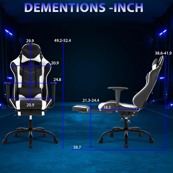 Gaming Chair with Footrest and Lumbar Support Height Adjustable Reclining 360 Swivel for Adults White