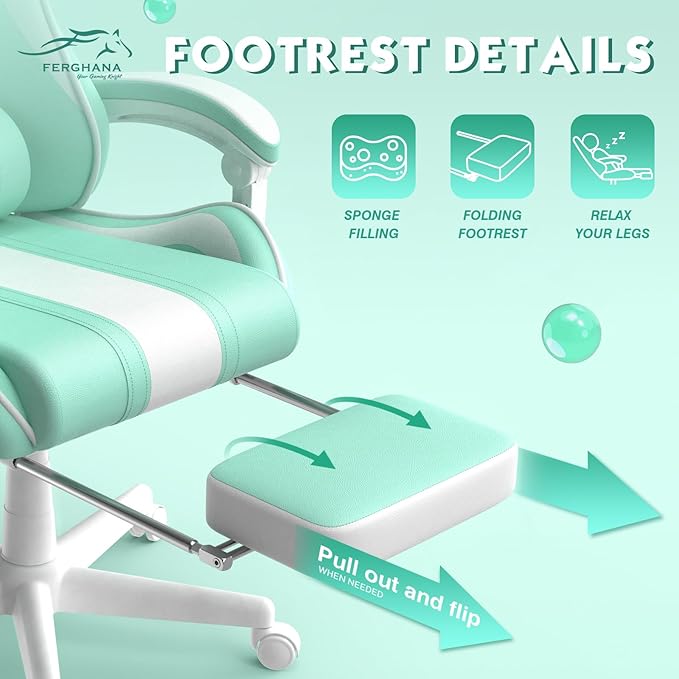 Ferghana Kawaii Light Green Gaming Chair with Bunny Ears Ergonomic Cute Gamer Chair with Footrest and Massage Racing Reclining Leather Computer Game Chair 250lbs for Girls Adults Teens Kids