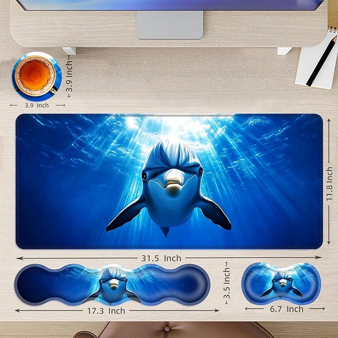 Large Mouse Pad and Keyboard Wrist Rest Desk Pad for Keyboard and Mouse 4-in-1 Large Gaming Mouse Pad with Wrist Support Desk Mat for Home Office Study GameDolphin in Ocean