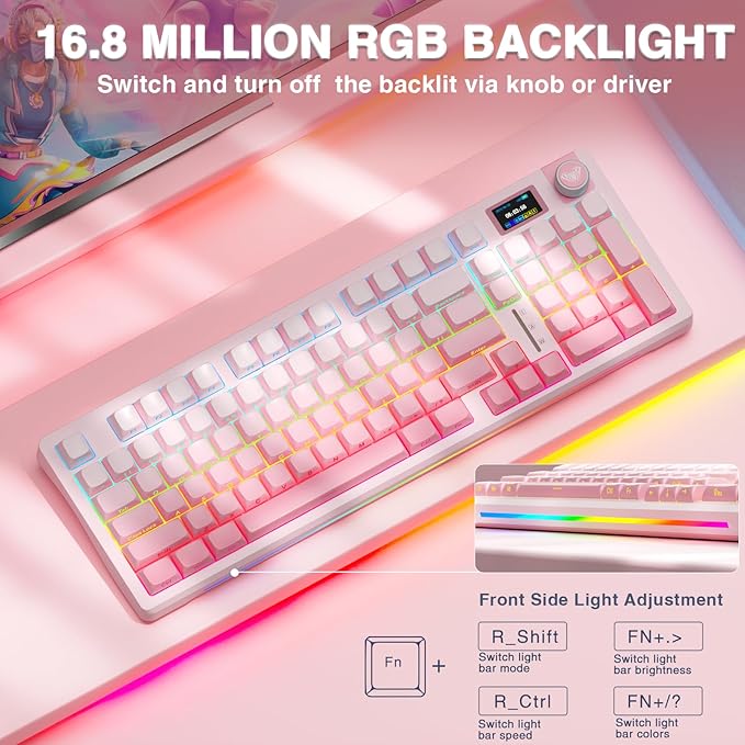 AULA S98 Pro Wireless Mechanical Keyboard with Screen &amp Knob2.4GHz/USB-C/BT5.0 Hot Swappable Pink Creamy KeyboardPre-lubed Linear SwitchesSide Printed PBT KeycapsRGB Backlit Gaming Keyboards