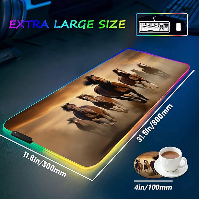 RGB Gaming Mouse Pad with Coffee Coaster XXL Large Glowing LED Mousepad Anti-Slip Rubber Base Computer Keyboard Desk Mouse Mat 31.5 X 11.8 Inch - Galloping Horse