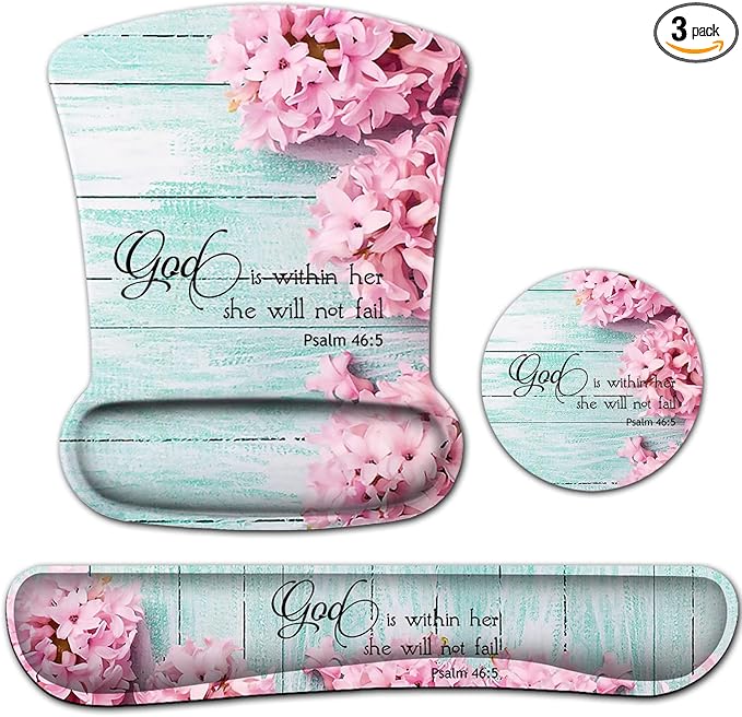 Mouse Pad with Wrist Support Ergonomic Gel Mouse Pad Beautiful FlowersNon-Slip Durable Memory Foam Keyboard Wrist Rest Suitable for Office Typing Games Pink Hyacinths on Wood Panel