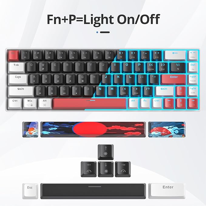 surmen 65% Mechanical Gaming Keyboard with Linear Red Switch Wired Mini Compact Keyboard 60 Percent Backlit for Laptop Desktop PC Gamers（68 Black-Ice Blue）