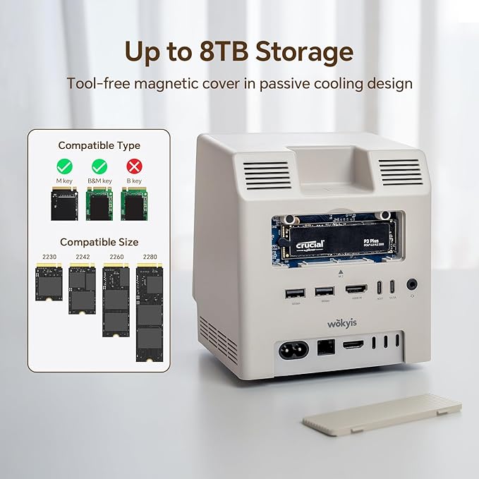 M5 Retro Dock Station for Mac mini M4 5’inch HD Display 10Gbps M.2 NVMe SSD Enclosure SD/Micro SD Reader 4.0 4*USB-A 1*USB-C 10Gbps 3.5mm Earphone Jack
