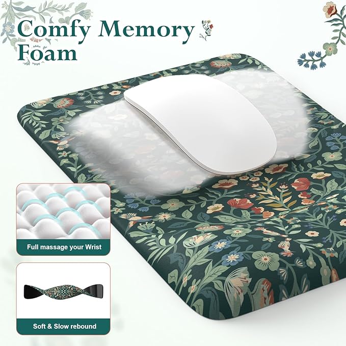 iLeadon Mouse Pad and Keyboard Wrist Rest Extra Large Mouse Pad Set Memory Foam Wrist Support for Keyboard Ultra Smooth Dark Green Desk Mat Sets for Office Women(Floral)
