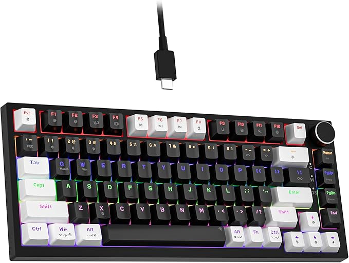 Newmen GM326 Wired Mechanical Keyboard75% Percent Mini Backlit Hot Swappable Gaming Mechanical Keyboard with Knob82 Keys Anti-Ghosting Compact Gaming Keyboards for PC Win MacWhite/BlackRed Switch