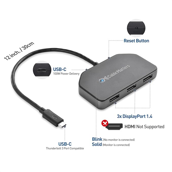 Cable Matters Windows Only Triple Monitor USB C Hub with 3X DisplayPort and 100W Charging - Support up to 8K and 4K 120Hz HDR - Thunderbolt 4 USB4 Compatible for Surface Pro XPS