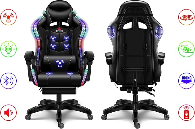 Ergonomic Pro Gaming Chair with LED Lights and Speakers Video Game Chair with Massage and Footrest High Back Computer Chair with Lumbar Support and Headrest Adjustable Height for Adult Teens.Bla