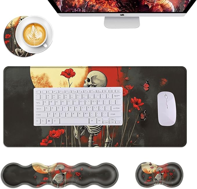 Mouse PadLarge Desk Mat Set 4in1 XL Mousepad + Keyboard Wrist Rest+Mouse Wrist Rest+Coaster with Ergonomic Desk Pad for Home Office Table Computer Cover -Skeleton with Red Poppies