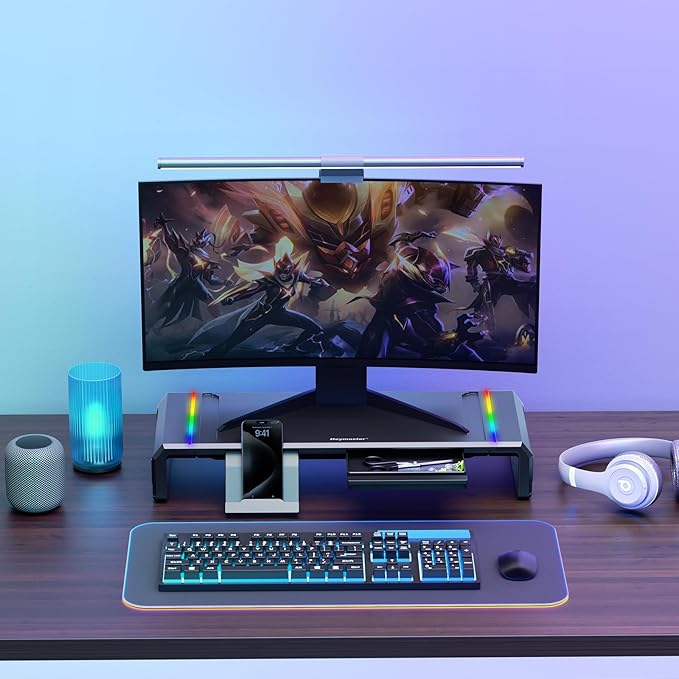 Heymaster Monitor Stand for Desk Gaming Monitor Riser with RGB Light Foldable Computer Monitor Stand Riser Desk Organizers and Accessories for Desktop Printer (Black)