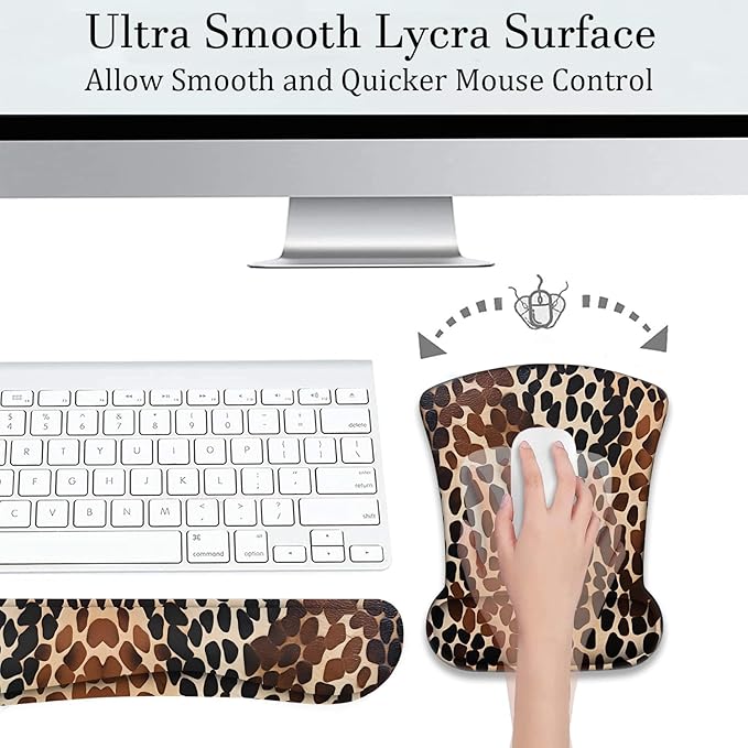 Mouse Wrist Rest and Keyboard Wrist Rest Pad+ Coaster Set Non-Slip Rubber Base Smooth Surface Ergonomic Gaming Mouse Pad for Easy Typing and Pain Relief Brownish Black Cow Pattern