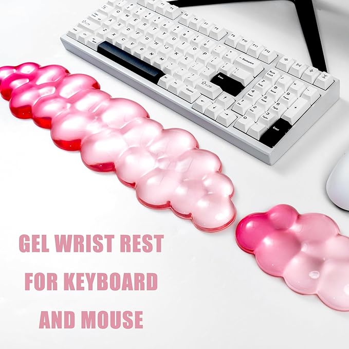 Ergonomic Cloud Silicone Gel Keyboard and Mouse Wrist Rest Set – Clear Wrist Rest for Computer Keyboard 60%/68%/75% Comfort &amp Support for Typing and Gaming (White Pink)