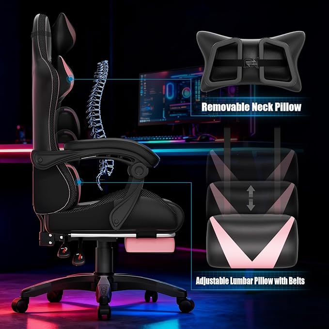 Gaming Chair Racing Style RGB LED Lights Gaming Chairs for Adults and Kids Lumbar Massager Gamer Chair High Back Reclining Computer Chair with Footrest and Headrest (Black/Pink)