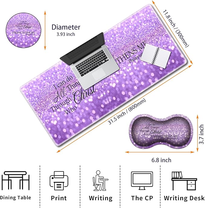 Durable Desk Mat + Wrist Rest Pad + Coasters Set Large Gaming Office Mouse Pad 31.5 x 11.8 Extended Non-Slip Rubber Keyboard Pad Laptop &amp Home Purple Glitter Quote Philippians 4-13