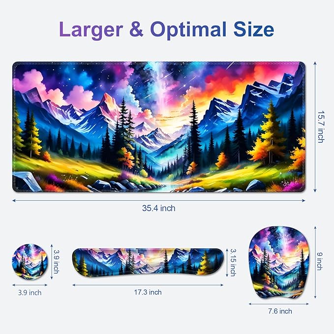4 in 1 Large Mouse Pad Keyboard Wrist Rest Set Ergonomic Mouse Pad with Wrist Support Desk Mat with Stitched Edges Extended Desk Pad Waterproof Desk Mat for Home Office Game I Landscaping Mountain