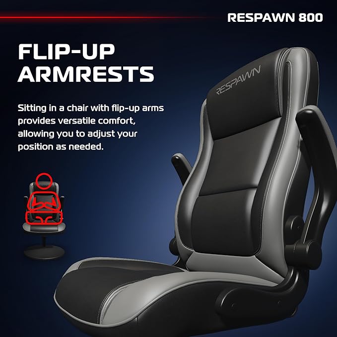 RESPAWN 800 Swivel Rocker Gaming Chair - Ergonomic Floor Gaming Seat with Lumbar Support Flip Up Armrest High Back Pedestal Base Comfortable No Wheels Console Video Game Rocker Chair - Gray