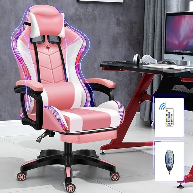 Massage Gaming Chair Racing Computer Desk Office Chairwith speakers and LED Linghts with Headrest Lumbar Support footrest and Adjustable Armrests360° Swivel 135° Reclining  300LB Metal BasePink