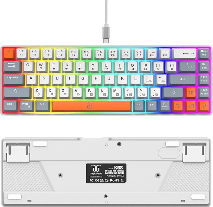 Snpurdiri 60% Percent Gaming Keyboard Ergonomic Compact RGB Backlit Small Gaming Keyboard for Windows PC Laptop (68 Keys White-Grey-Orange)