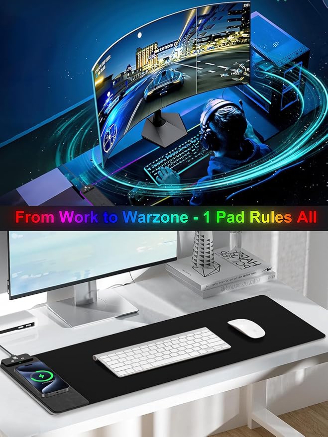 RGB Gaming Mouse Pad with Fast Wireless Charger LED Extended Desk Mat Home Office Large Desk Pad with Ultra-Smooth Surface Non-Slip Base Waterproof Keyboard Pad (Black)