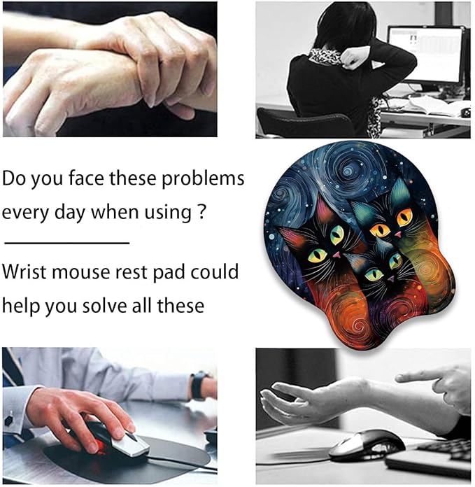 Mouse Wrist Rest and Keyboard Wrist Rest Pad+ Coaster Set Non-Slip Rubber Base Smooth Surface Ergonomic Gaming Mouse Pad for Easy Typing and Pain Relief Moon Cat