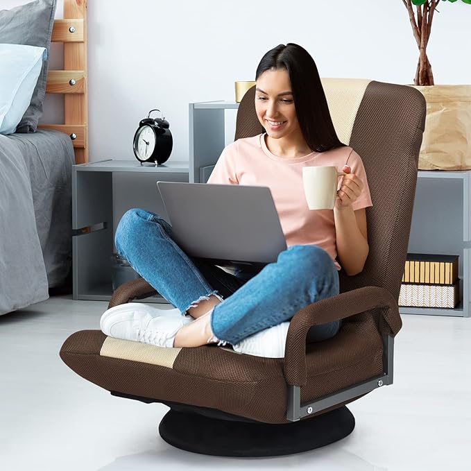 Giantex Floor Gaming Chair 360 Degree Swivel Floor Chair w/Armrests 6 Adjustable Position Padded Backrest Folding Floor Rocker for Games Lazy Sofa Lounger Brown/Beige