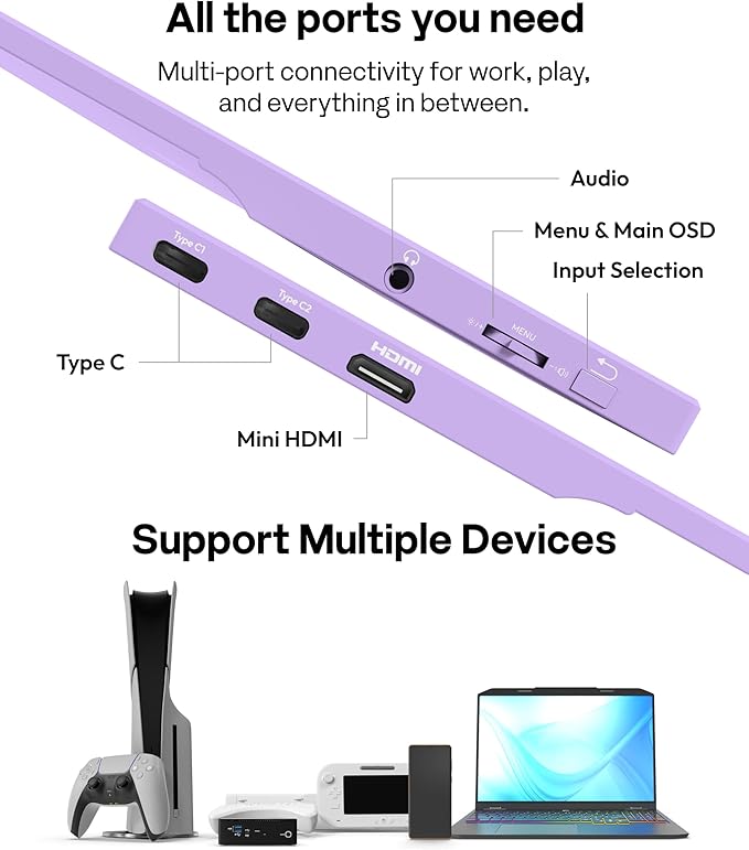 Pixio PX160 Wave Purple Portable Monitor 15.6 inch 60Hz FHD 1080p IPS Panel HDR Screen Cover Stand USB-C HDMI Laptop Screen Extender Portable Monitor for Laptop PC Console Phone