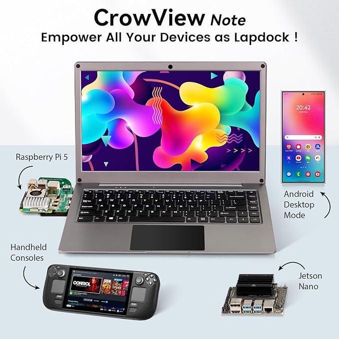 Portable Monitor with Keyboard14inch 1080P FHD Lapdock Compatible with Mini PC/Phone/PC/Game ConsoleCrowView Note with RPi5 &amp Jetson Adapters(Full Feature TypeC &amp HDMI Cable Included)