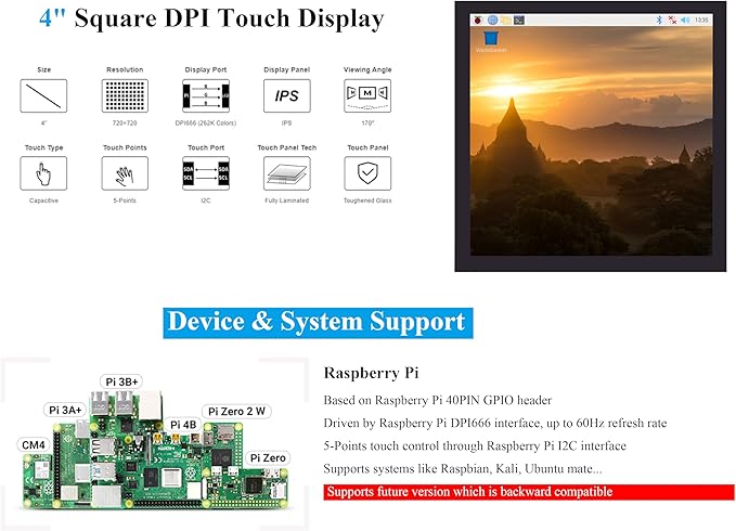 4inch DPI LCD Square Capacitive Touch Screen Compatible with Raspberry Pi 5/4B/3B+/3B/2B/Zero/Zero W/WH/Zero 2W 720x720 Resolution IPS Display Toughened Glass Cover Low Power Solution