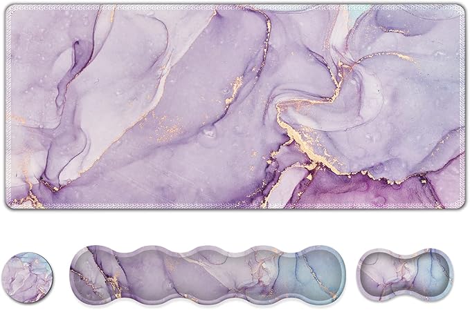 Upgraded Extended Gaming Mouse Pad Keyboard Wrist Rest Pad Wrist Support Mousepad Set Artso Large Stable Rubber Base Stitched Edges Multifunctional Desk Pad (35 x15.5 in) Purple Blue Marble